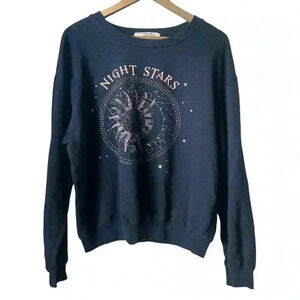 Wound Up Navy Blue Night Stars Juniors Crew Neck Boyfriend Sweatshirt Size Large